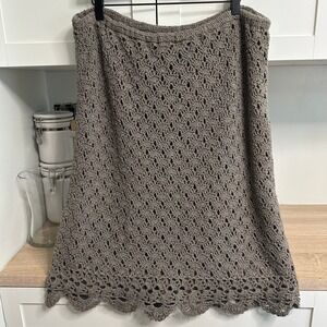 J Jill Hand Crochet Skirt Womens XL Brown Linen Blend Lined Scallop Hem Boho NWT